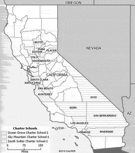 Figure 1. Map illustrating the counties of enrolled students served by Ocean Grove Charter School, Sky Mountain Charter School, and South Sutter Charter School.
