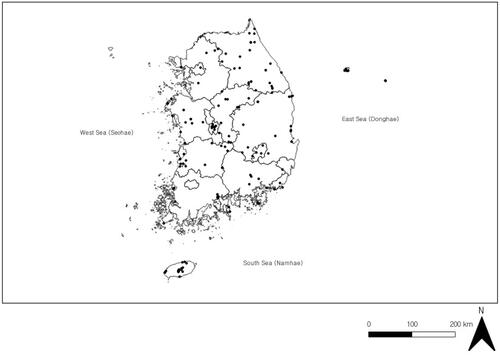 Figure 6. Study sites (black dots) of endophytic fungi reported in articles published in Korea from 1990 to 2020.
