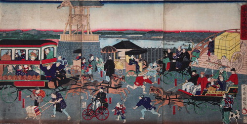 Figure 1. Utagawa Kuniteru II. 1870. Street scene by Nihonbashi Bridge, Tokyo. Woodblock triptych. 14 × 27 inches. Author’s collection.