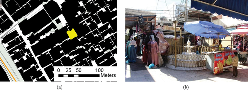 Figure 9. (a) pocket 1 on map, (b) 1 picture of the fountain square.