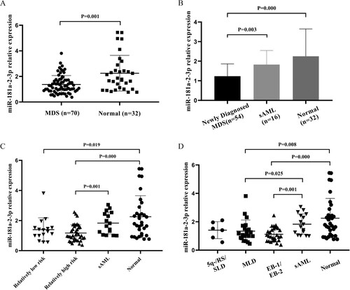 Figure 1. Expression of miR-181a-2-3p in each group. (A) Relative expression of miR-181a-2-3p in MDS patients (n = 70) and normal controls (n = 32). (B) Relative expression of miR-181a-2-3p in the newly diagnosed MDS group (n = 54), sAML group (n = 16), and normal controls group (n = 32). (C) Relative expression of miR-181a-2-3p in the relatively low risk group (n = 16), the relatively high risk group (n = 38), sAML group (n = 16), and normal controls group (n = 32). (D) Relative expression of miR-181a-2-3p in each WHO subtype of MDS patients.
