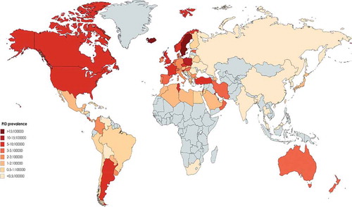 Figure 1. Distribution of primary immunodeficiency prevalence in the world based on the number of reported patients per 100000 individuals (Gray color represents countries without registry or without published report).