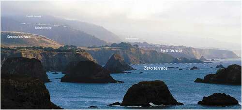 Figure 8. Image looking south in Mendocino County (from Albion to Elk, CA) at the sea stacks and wave-cut platforms on the “zero” terrace. The white structure sits atop the first terrace, and the second and third terraces are visible to the east. The relatively level mountain top to the left/east represents a fourth terrace in this area. Image by T.R. Paradise.