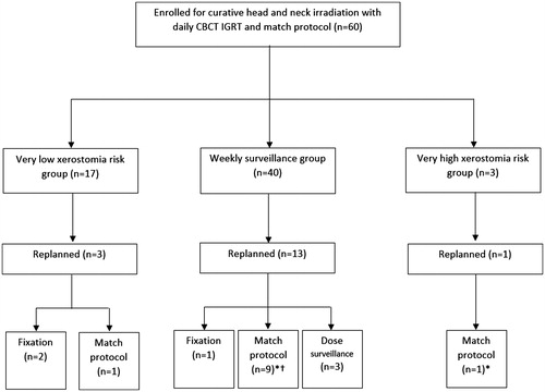 Figure 1. Grouping and outcome of the CBCT cohort. IGRT: image guided radiation therapy. *Two patients had two replans due to match protocol. †Two patients had two replans due to match protocol and fixation issues.