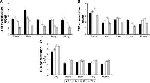 Figure 6 In vivo tissue distribution of ETB solution (A), ETB-NPs (B), and PAA-ETB-NPs (C).