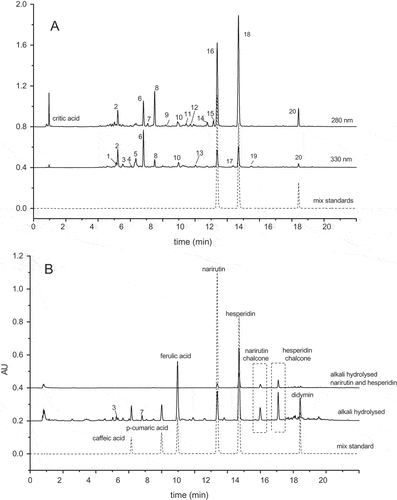 Table 1. HPLC chromatograms of phenolic compounds extracted from Fujian “Cara Cara” as recorded at 280 nm and 330 nm, and the standard mixture of narirutin, hesperidin, and didymin recorded at 280 nm (panel A); phenolic extracts and a mixture standard of narirutin and hesperidin were alkali hydrolyzed and recorded at 280 nm, with a standard mixture of caffeic acid, p-coumaric acid, ferulic acid narirutin, hesperidin, and didymin also recorded at 280 nm (panel B).