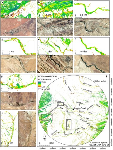 Figure 4. Results of the NDCVINDVI greenness parameter, showing: (a–h) model ‘control’ locations where GDEP was expected to be high (with corresponding high-resolution image); and (i) the spatial distribution of NDCVINDVI indicator mapping results over the study area and the location of each subset.