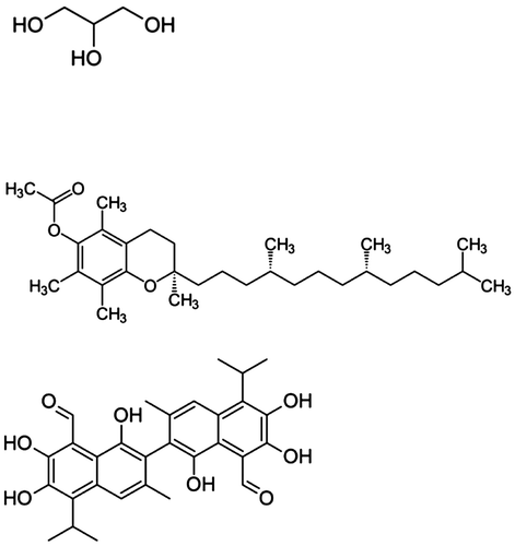 Figure 1. Chemical structures of glycerol and two naturally occurring antioxidants found in cottonseed oil: α-tocopherol and gossypol.
