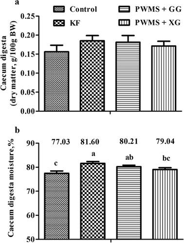 Figure 1. Cecal digesta weight (dry matter, A) and moisture content (%, B) of rats fed different dietary fibers. Values are mean ±SEM, n = 8 per group. Diets were control or supplemented with 2% fiber of konjac flour (KF), pregelatinized waxy maize starch plus guar gum (PWMS + GG), or pregelatinized waxy maize starch plus xanthan gum (PWMS + XG). a,b means values with different letters in the bar are significantly different (P < 0.05).