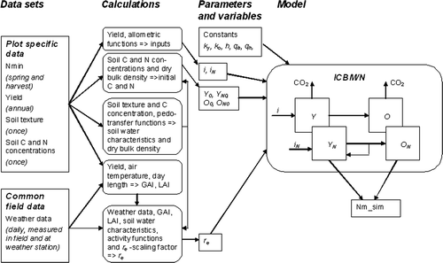 Figure 1.  Data flows and calculations for deriving parameters and driving variables for the ICBM/N model. Model structure also provided. See text and Table II for further explanation of variables.