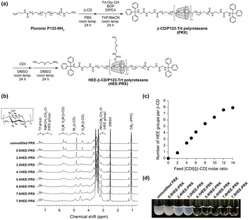 Figure 2. (a) Synthetic scheme of the 2-(2-hydroxyethoxy)ethyl (HEE) group-modified PRXs (HEE-PRXs). (b) 1H NMR spectra of the unmodified PRX and the HEE-PRXs (0.9HEE-PRX, 2.4HEE-PRX, 3.2HEE-PRX, 4.1HEE-PRX, 5.4HEE-PRX, 6.4HEE-PRX, 7.6HEE-PRX, and 7.9HEE-PRX) in DMSO-d 6. (c) Relationship between the feed [CDI]/[β-CD] molar ratio and the average number of HEE groups per single β-CD threaded on the HEE-PRXs. (d) Photograph of the unmodified PRX and the HEE-PRXs in water. Concentration of the unmodified PRX and the HEE-PRXs adjusted to 10 mg ml–1.