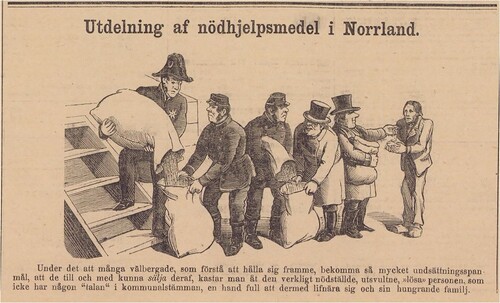 Figure 1. Contemporary critique of the distribution of relief.Source: Picture from the newspaper Fäderneslandet (14 December 1867), criticising the disproportionate quantities of relief that supposedly disappeared into the pockets of middlemen.