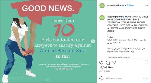 Figure 2. More than 10 testimonies against ABZ (6 July 2020). The image of the woman supporting the leg is from giselledekel.format.com (reverse image search). Note the use of English and Arabic, the use of bright colours and different typographical features.