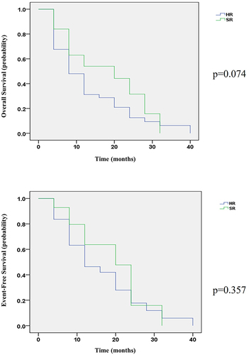 Figure 3 Kaplan–Meier curves of probable OS and EFS SR and HR risk stratification group.