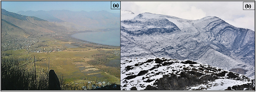 Figure 10. The folded rock sequences along the northern front of the Kashmir Basin. (a) Wular syncline (b) Intensively folded rock sequences at Mansbal area.