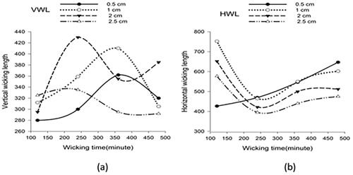 Figure 7. The treated yarn bundle wicking tests: (a) Vertical and (b) horizontal.