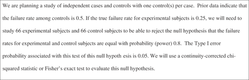 Figure 1. The output of PS power and sample size calculations. PS is an interactive program for performing power and sample size calculations by Dupont W.D. and Plummer W.D. (http://biostat.mc.vanderbilt.edu/PowerSampleSize; accessed 27 March 2011) that is freely available on the web. PS was used to calculate sample size for a hypothetical randomized controlled trial of a new treatment that would lead to 50% less mortality in dogs with IMHA with a mortality risk of 50%.