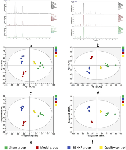 Figure 5 (a) Cation current diagram. (b) Anion current diagram. (c) Cation mode principal component analysis (PCA). (d) Anion mode principal component analysis (PCA). (e) Cation mode partial least squares discriminant analysis (PLS-DA). (f) Anion mode partial least squares discriminant analysis (PLS-DA).