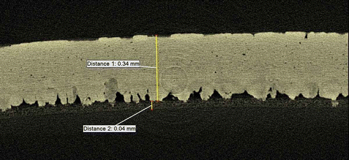 Figure 1. Two-dimensional cross section through the X–Z axis of an eggshell sample at a resolution of 1.5 µm, generated by X-ray mCT. Labels show the thickness of the palisade matrix (distance 1) and the thickness of the outer shell membrane (distance 2) below the mammillary nucleation sites.