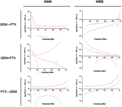 Figure 2 Dose-dependent inhibition of cell growth after the administration of various sequences of gemcitabine (GEM) and/or paclitaxel (PTX). Using a constant ratio of IC50, drug-drug interaction was evaluated in various sequences as follows: GEM and PTX sequentially (GEM→PTX), vice versa PTX and GEM (PTX→GEM) sequentially for 24 h per drug, or GEM and PTX simultaneously (GEM+PTX) for 48 h. The sequence of GEM→PTX showed synergism in both cell lines.