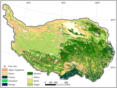 Figure 1. Spatial pattern of vegetation types in the Tibetan Plateau, which is reclassified from the 1:1,000,000 vegetation map of China.