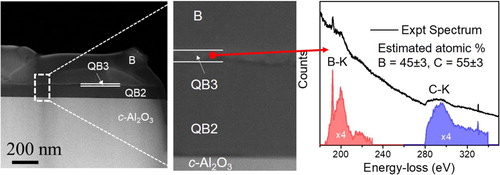 Figure 4. (a) HAADF cross-section showing the formation of distinct phases of QB2, QB3 and B (at a lower magnification) on sapphire substrate: (b) HAADF cross-section image at a higher magnification showing atomically sharp interfaces between QB2, QB3 and B phases; and (c) B–K and C–K edges in the EELS spectrum, from which B and C concentrations are estimates as 45 ± 3 at% and 55 ± 3 at%, respectively.