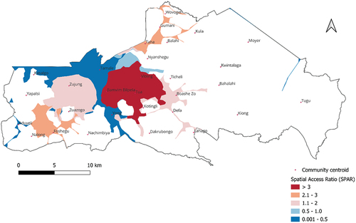 Figure 7. Accessibility of students from homes per catchments by walking in TaMA (source: developed by authors).