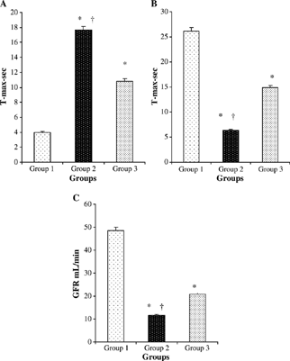 Figure 2. Comparative Tmax-min (A), Tmax-sec, (B) and GFR (mL/min) (C) measurements at the groups. Values are mean ± SEM. *p < 0.0001 compared with group 1. †p < 0.0001 compared with group 3.