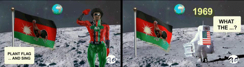 Figure 2. Makmende plants the flag in “Makmende lands on the Moon: 1968” (AntoDesigns, 2010).