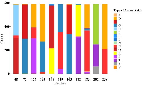 Figure 5. Stacked bar chart within 11 potential antigenic amino acid residues of 590 HA sequences from Clade 15 and Clade 16 strains. The y-axis (count) represents the counts of amino acids at each position in the sequence alignment. The colour of letter represents type of specific amino acid at this position.