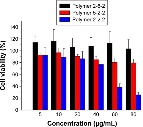 Figure 2 Cytotoxicity of MPEG-PCL-g-PEI micelles of various compositions on ARPE cells and cell viability were determined by MTT assay (n=6).Abbreviations: MPEG, monomethoxy poly(ethylene glycol); PCL, poly(ε-caprolactone); PEI, polyethylenimine; MTT, 3-(4,5-dimethylthiazol-2yl)-2,5-diphenyl-tetrazolium bromide; 2-2-2, MPEG 2000 Da-PCL 2000 Da-PEI 2000 Da; 2-6-2, MPEG 2000 Da-PCL 6000 Da-PEI 2000 Da; 5-2-2; MPEG 5000 Da-PCL 2000 Da-PEI 2000 Da.