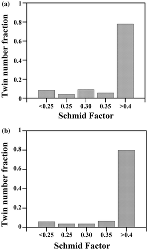 Figure 7. Twin number fraction as a function of the highest Schmid factor for twinning m(1) of the active twin variants in the SG (a) and LG sample (b), respectively.