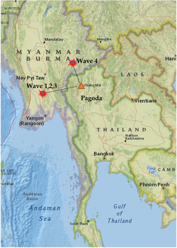 Figure 3. Locations of earthquake sources and pagoda.