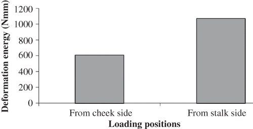 Figure 5 Deformation energy values at bioyield point for different loading positions.