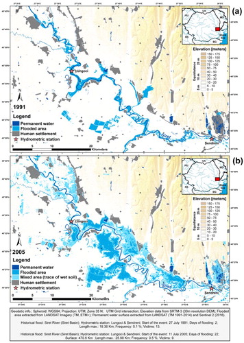 Figure 3. Historical floods on Siret River – (a) 27 July 1991 and (b) 11 July 2005, extracted from Landsat TM and Landsat ETM+ scenes from 1 August 1991 and 31 July 2005.