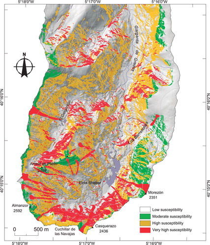 Figure 5. Slab avalanche susceptibility map of the Circo de Gredos according to values obtained from combining trigger factors, reclassified into four categories. Red: very high. Yellow: high. Green: moderate. White: low.
