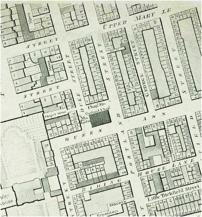 Figure 4. Detail from Richard Horwood's Map of London, Westminster and Southwark Shewing Every House, 1792–1799. 2, Portland Place, is shown on the left of the picture, just above the grounds of Foley House; reproduced by permission of Motco Enterprises Limited, ref: www.motco.com