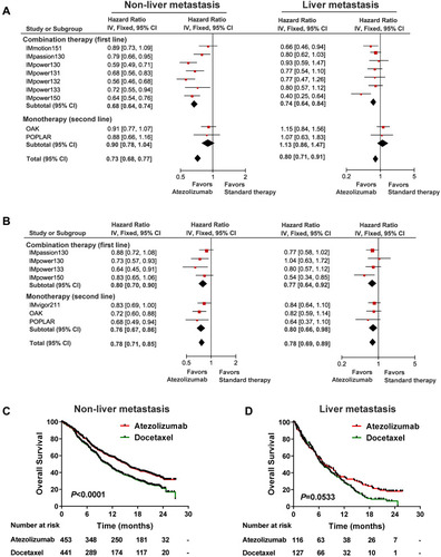 Figure 1 The efficacy of atezolizumab versus standard therapy in terms of liver metastasis (LM). Forest plots of hazard ratios (HRs) with 95% confidence intervals (CIs) for (A) progression-free survival (PFS) and (B) overall survival (OS) in pan-cancer across treatment lines, comparing atezolizumab and standard therapy in patients with and without LM respectively. Kaplan-Meier estimates of OS with atezolizumab versus docetaxel in (C) LM population and (D) non-LM population in an individual non-small cell lung cancer cohort.