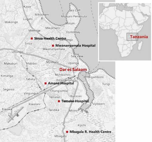 Figure 2. Map of the five maternity units in Dar Es Salaam, Tanzania. In 2019, they had been the five highest volume maternity units for more than a decade. Source: open street map.