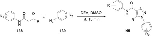 Scheme 29. Synthesis of N-aryl-1,2,3-triazolyl carboxamides by using sono-chemistry.
