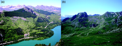 Figure 2. Deep-seated earthflows developed in Devonian slates. (A) Landslide n. 1 in the Lanuza Reservoir. The complex landslide is a slate flow that grades into a translational movement in the upper part. The fresh secondary failure at the flank of the landslide (shear zone) causes repeated damage on the A-136 road. (B) Earthflow n. 27 in the Culivillas Creek, largely reshaped due to the construction of ski tracks.