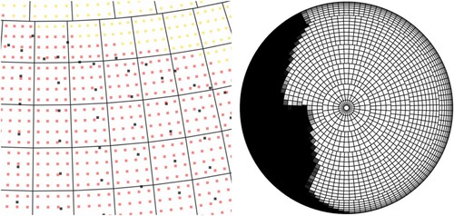 Figure 13. (left) Magnified section of Figure 12: Tested points with the trained SVM model. Red points are classified as covered and the yellow points are classified as uncovered. Black points are the projected DSM points. (right) CR values visualized on the sky hemisphere. Black indicates a CR of 1, white indicates 0.