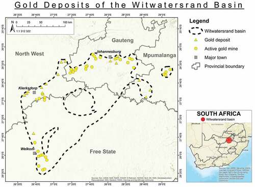 Figure 2. Simplified geological map of the Witwatersrand Basin depicting the location of the primary gold deposits, active gold mines and major towns (Council for Geoscience Citation2017).