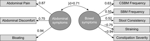 Figure 1 Illustration of the two-factor confirmatory factor analysis model for CC Symptom Severity Measures, with factor loadings.