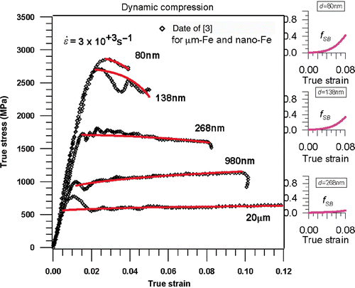 Figure 3. True stress – true strain for dynamic compression test for polycrystalline iron. Continuous lines represent curves obtained from viscoplasticity model accounting for shear bands according to equations (21) for d > 300 nm and according to equation (22) for d < 300 nm, symbols ⋄ correspond to the dynamic experimental data for iron of purity 99.9% obtained in two-step consolidation procedure to form bulk Fe with desired grain size from Citation3.