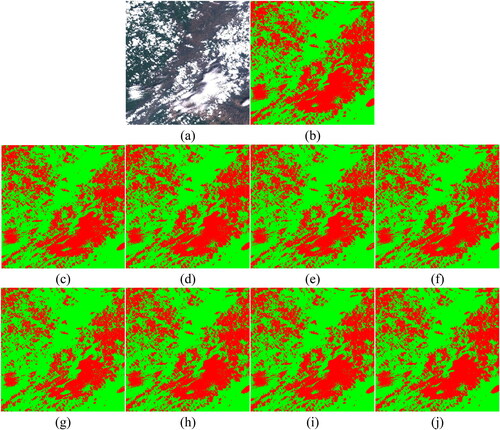 Figure 20. Yilan (China) (a) True Color image, (b) Manual reference mask, generated cloud mask by: (c) RF with traditional texture features (d) RF with deep features (e) XGBoost with traditional texture features (f) XGBoost with deep features, (g) SVM with traditional texture features, and (h) SVM with deep features, (i) Resnet, and (j) CD-FM3SF-4.