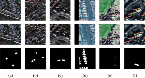 Figure 5. Test sets and ground truth for sites (a) A, (b) B, (c) C, (d) D, (e) E, and (f) F. Each site exhibits the original and simulated images. Images on the first and second rows were obtained from periods T1 and T2, respectively.