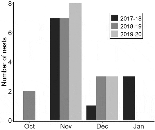 Figure 1. Distribution of Grassland Sparrow nests initiated every month during three breeding seasons (2017–2020) in a natural grassland in Buenos Aires province, Argentina