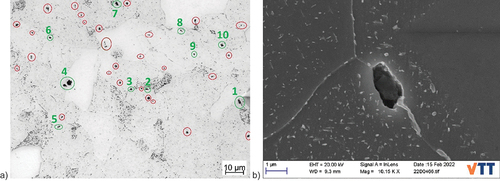 Figure 5. a) LOM image of creep cavitation damage in 13CrMo4–5 header (base material); red circles show locations of inclusions (not cavities) and green circles locations of genuine creep cavities, confirmed by SEM inspection; b) SEM image of the confirmed cavity number 1 in Figure 5a.