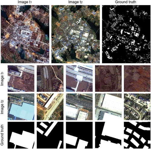 Figure 1. MtS-WH dataset and typical building change samples. Image t1 and t2 represent bi-temporal images covering the same area. Ground truth represents building change labels of bi-temporal images, with white indicating the changed area and black indicating the unchanged area.